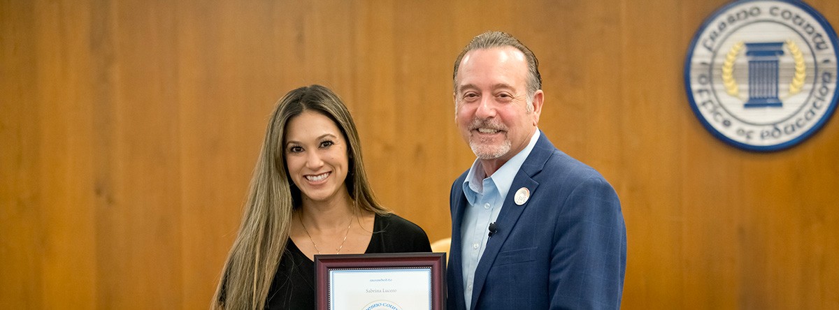 Image of Employee of the Month, Sabrina Lucero, with Superintendent Jim Yovino